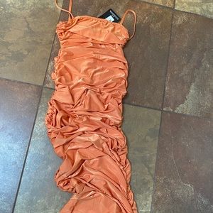 Ruched tight orange maxi dress